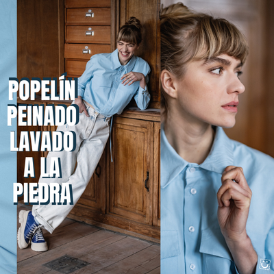 Tela popelín peinado lavado a la piedra azul