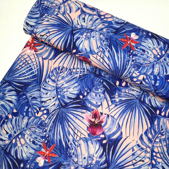 Lycra de bañador "Tropical azul y flores coral"