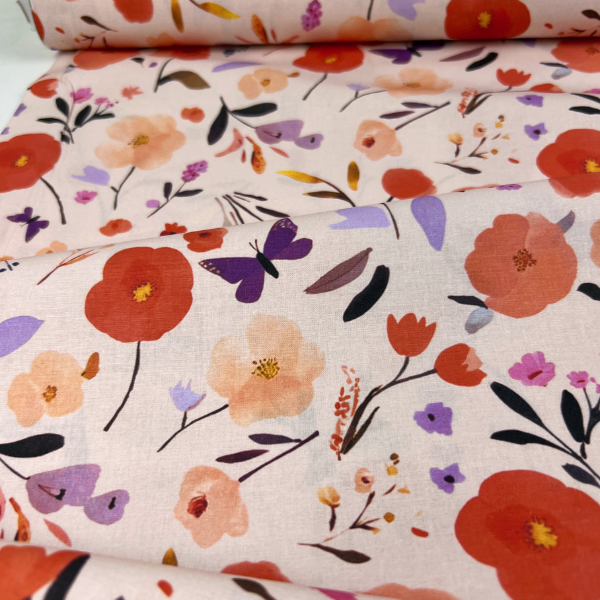 Tela popelín amapolas y mariposas