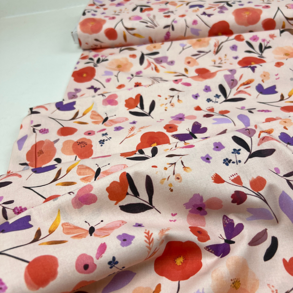 Tela popelín amapolas y mariposas