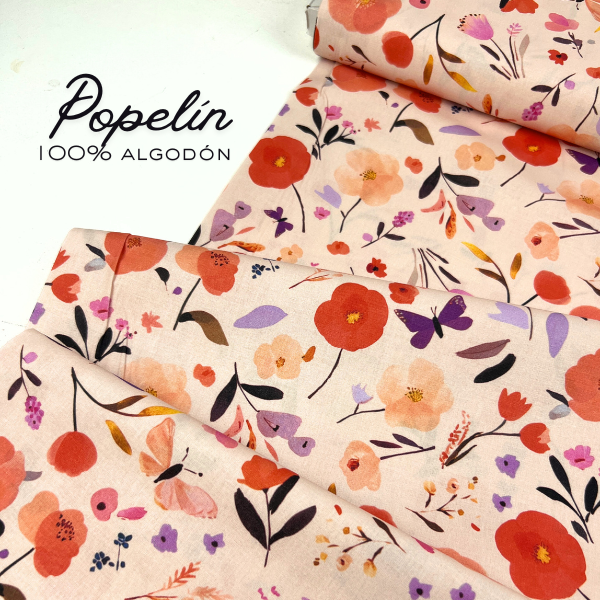 Tela popelín amapolas y mariposas