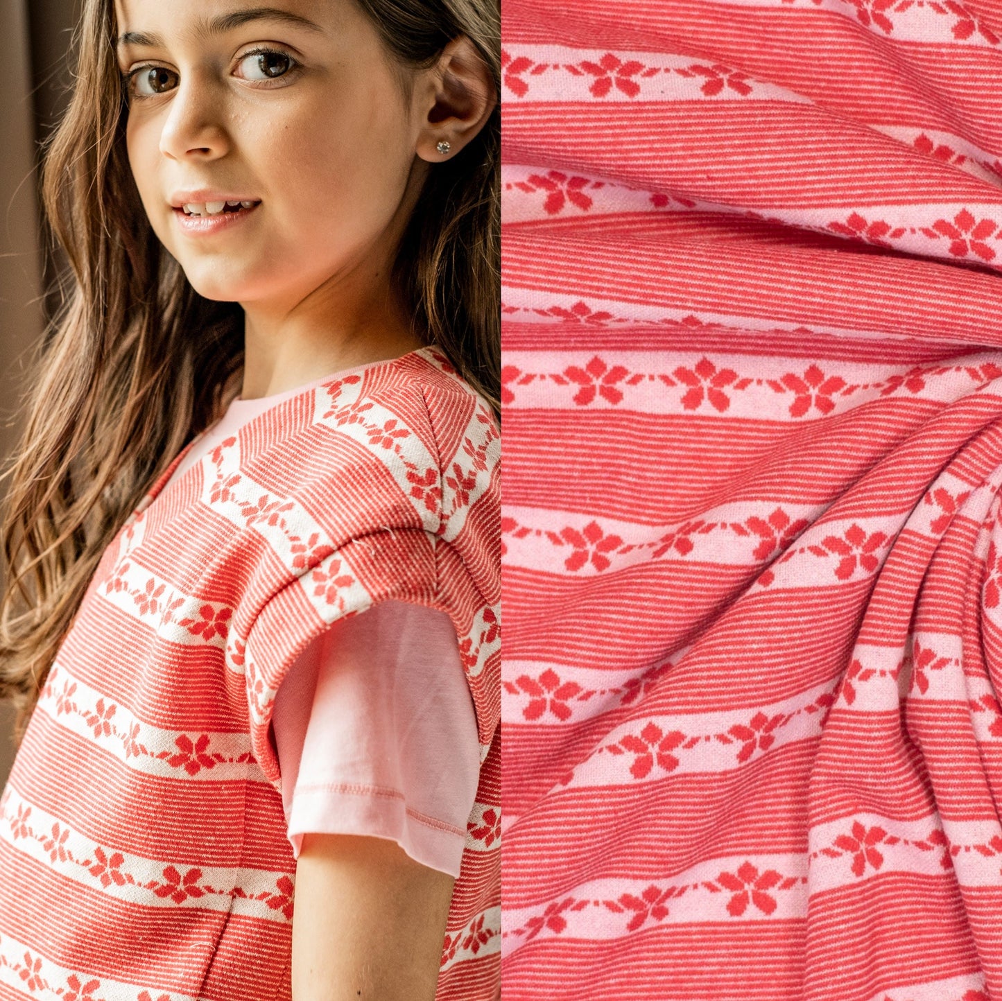 Tejido en punto jacquard en algodón reciclado rojo / patrón #thea #jules